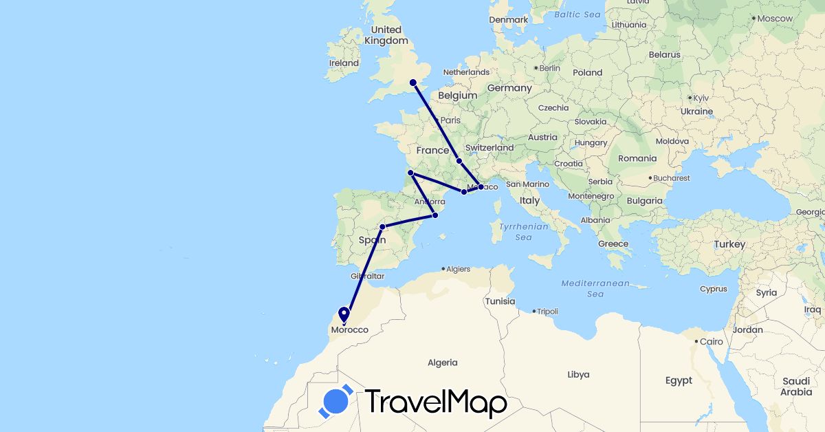 TravelMap itinerary: driving in Spain, France, United Kingdom, Morocco (Africa, Europe)